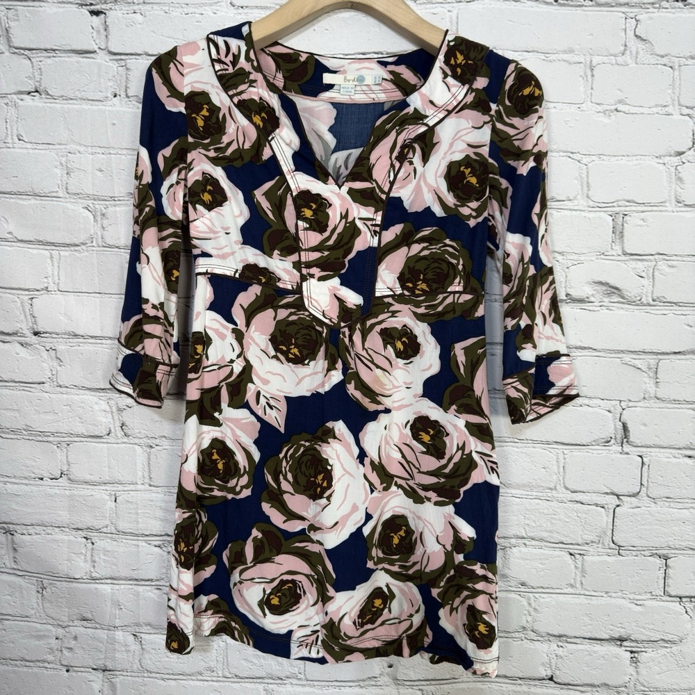 Boden Tunic Dress Womens Abstract Roses Size 2P Artsy Split Neckline‎ 3/4 Sleeve